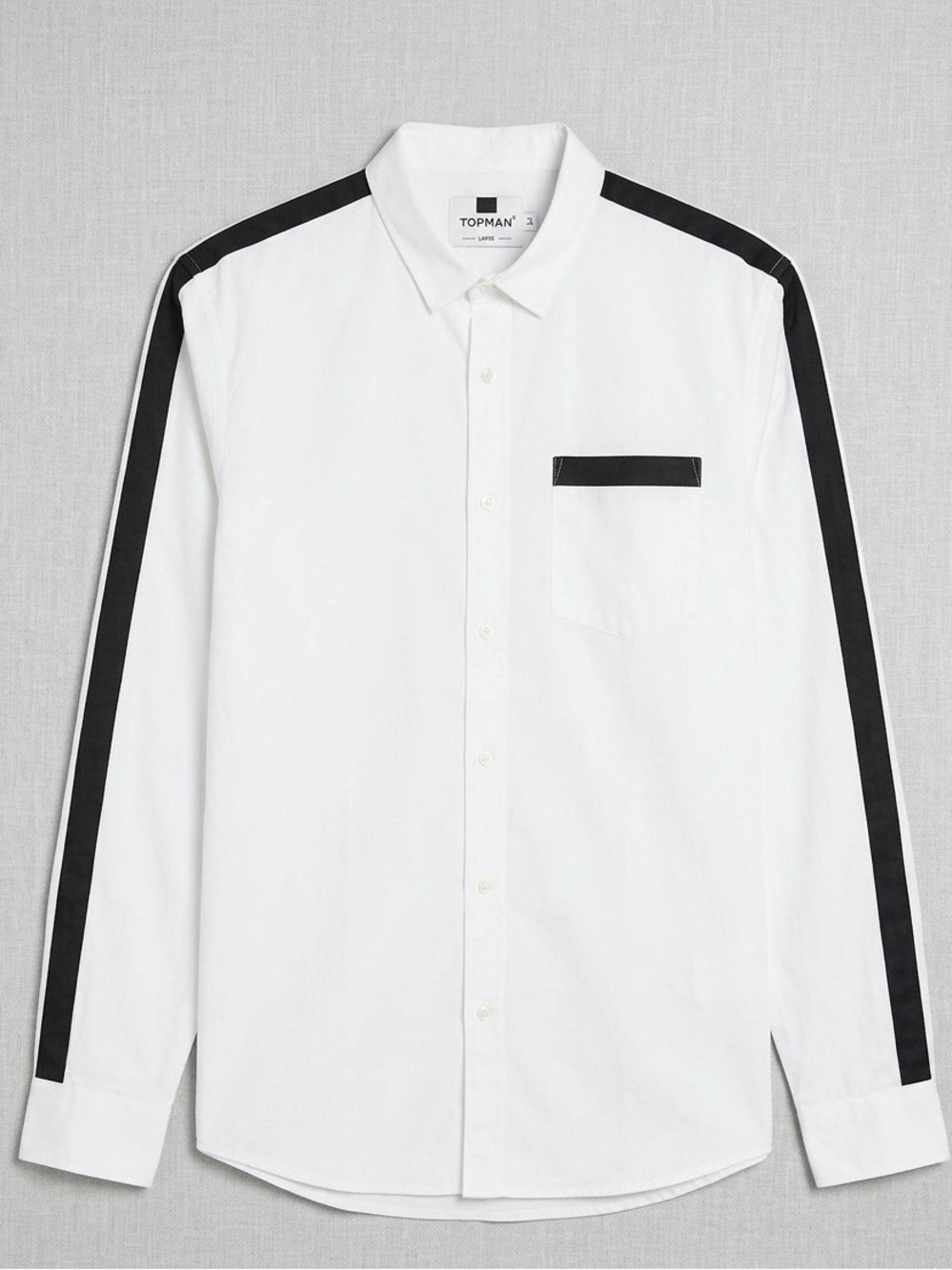 Topman White Long-Sleeve Button-Down Shirt with Black Striped Sleeves - Large